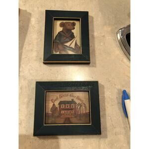 Primitive Wood Framed Prints God Bless our  home &Teddy bear, holding a sailboat